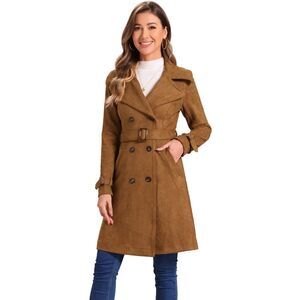 Faux Suede Trench Coat Winter Double Breasted Overcoat Dark Brown